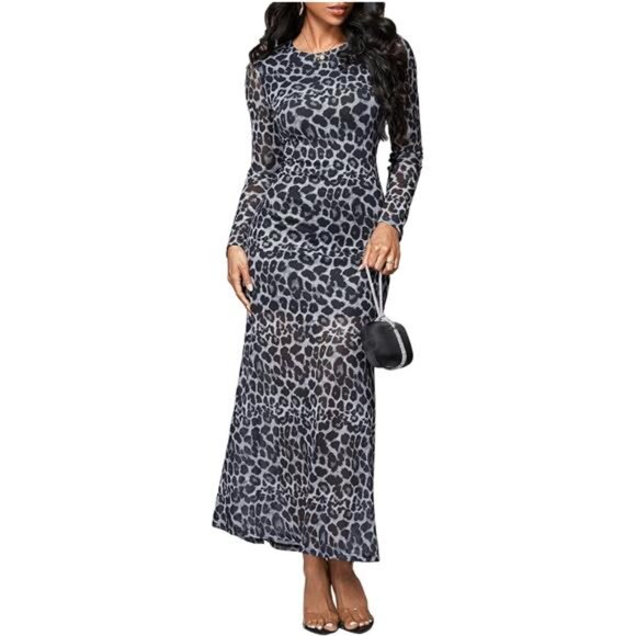 Women's Mesh Sleeve Maxi Dress Elegant Leopard - Picture 1 of 5